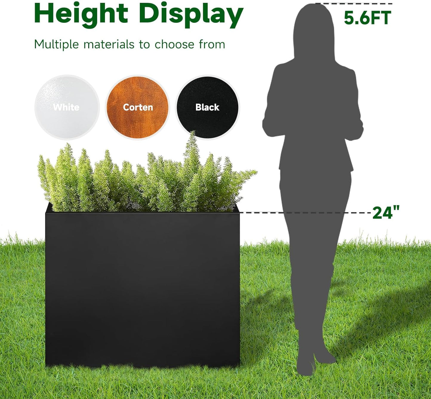 Galvanized Steel Metallic Heavy Planter for Outdoor Plants Metal Outdoor Planter Spliced Flower Box with Partitions for Outside,Indoor,Garden (Black, 24 * 10 * 24)