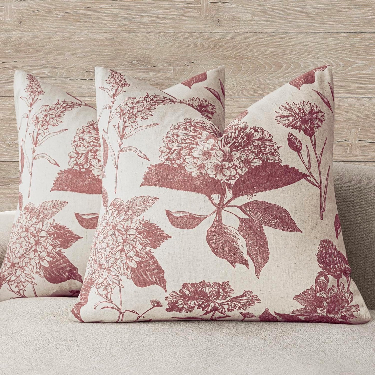 Foindtower Set of 2 Linen Floral Throw Pillow Covers Vintage Accent Print Decorative Cushion Covers Farmhouse Boho Home Decor for Sofa Chair Couch Bedroom Living Room Outdoor,18×18 Inch,Dark Pink
