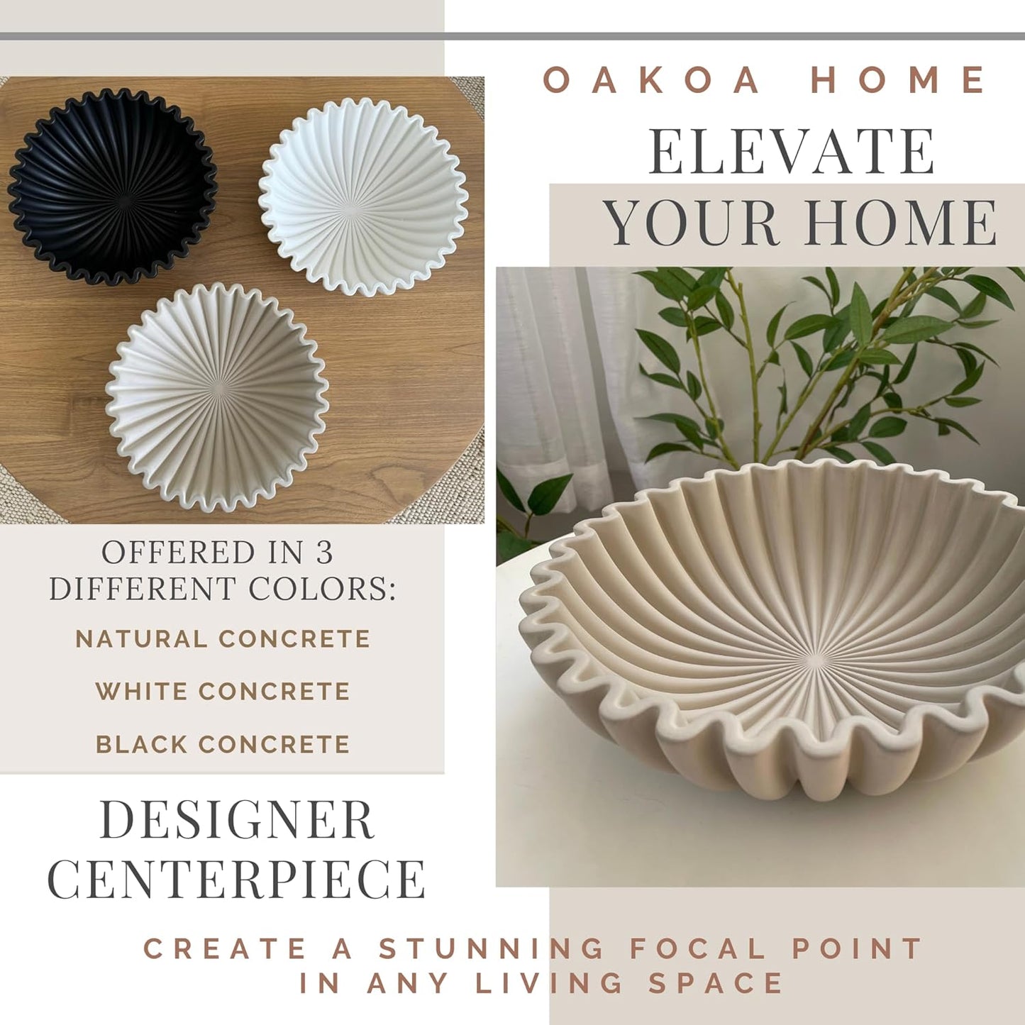 OAKOA Concrete Decorative Bowl - Organic Modern Home Decor Bowl - Decorative Objects - Cement Fruit Bowl - Modern Organic Home Decor