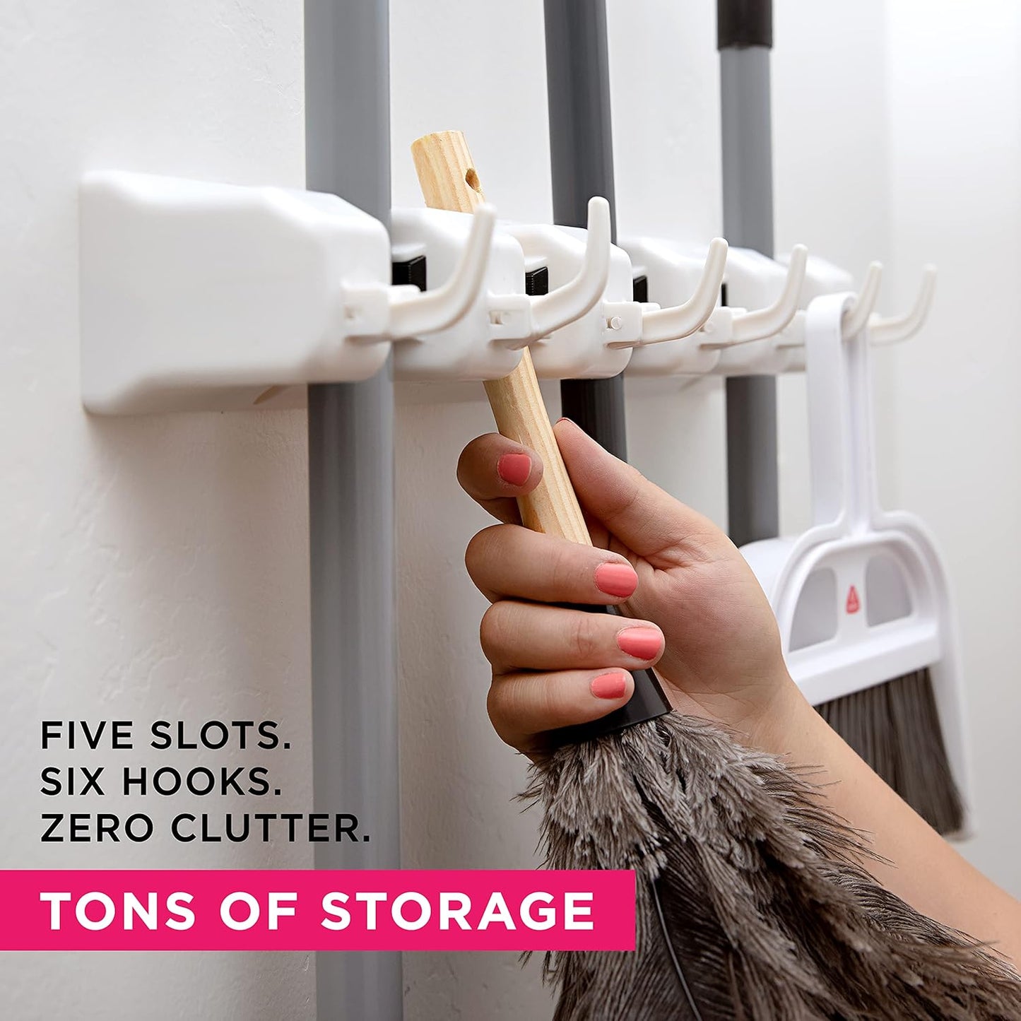 Berry Ave Broom Holder and Garden Tool Organizer Rake or Mop Handles Up to 1.25-Inches (White, 2pk)