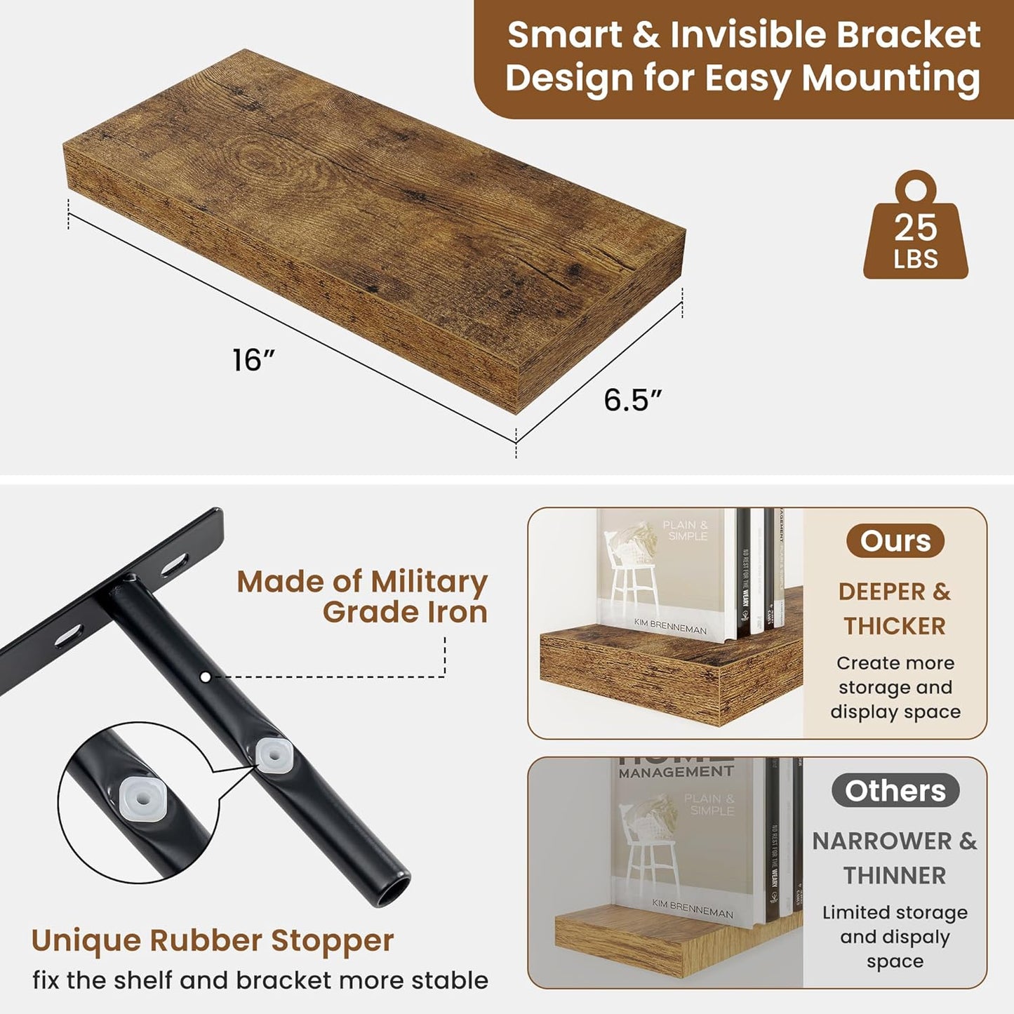 fuqing Floating Shelves for Wall, Bathroom Shelf Wall Mounted for Storage, Shelves with Invisible Bracket for Bedroom, Kitchen, Living Room, Farmhouse Small Book Shelf, 16 Inch Set of 2, Rustic Brown