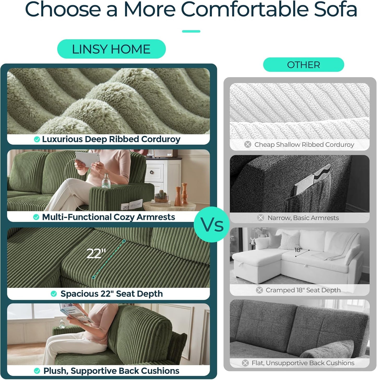 LINSY HOME Sectional Sleeper Sofa with Pull Out Couch Bed Convertible Plush Corduroy Cloud Couch with Storage Chaise & USB Charging, Comfy Modular Couches for Living Room (Green)
