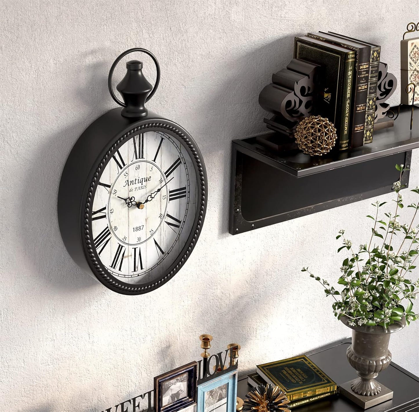 Menterry Small Retro Oval Wall Clock, Antique Old Design, Black Vintage Style, Battery Operated Silent Decor Wall Clocks for Kitchen,Bedroom,Farmhouse,Bathroom (11.2" H x 6.7" W)