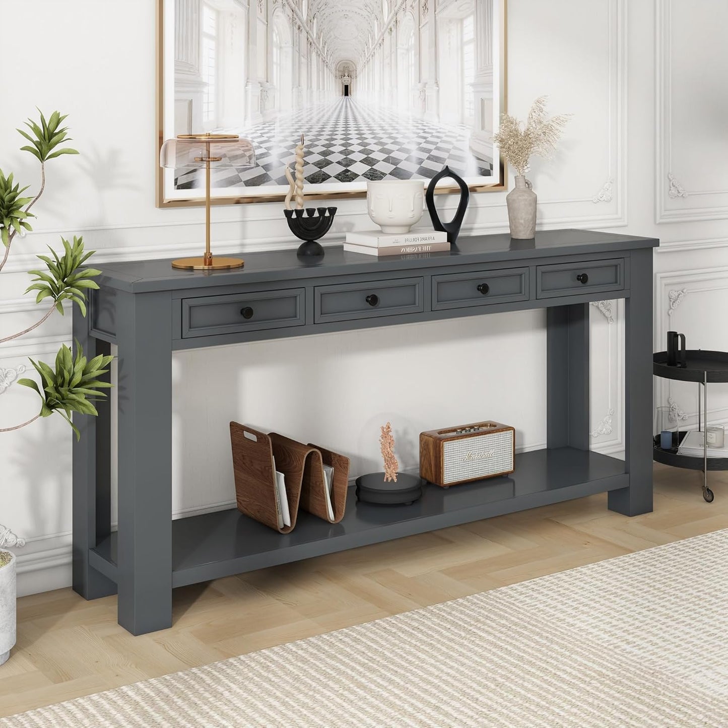 Solid Wood Console Table 63 in Long Sofa Table Entryway Table with 4 Drawers and Bottom Shelf for Hallway Living Room Couch Table,Fully Assembled,63" Tan