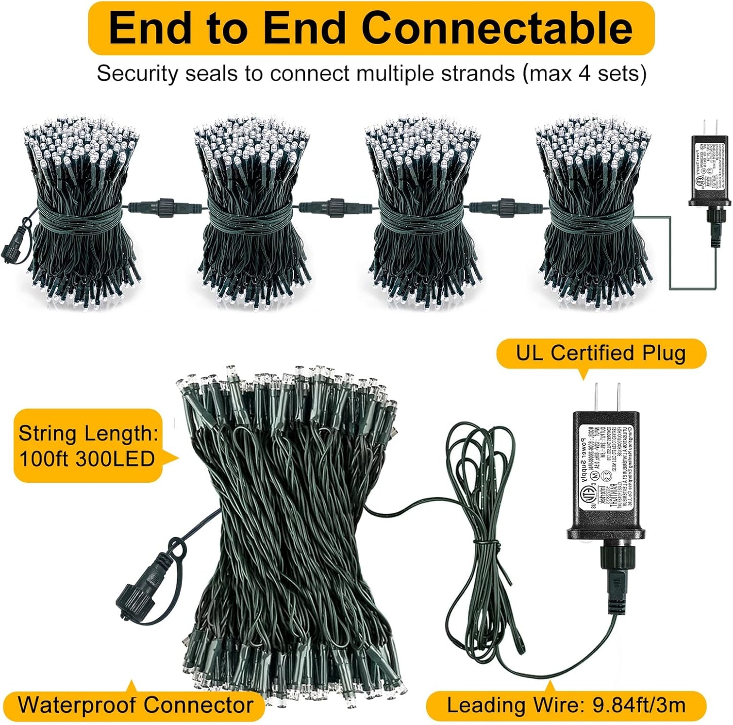 100FT 300 LED Christmas Lights, Warm White Christmas Tree Lights with 8 Modes Waterproof, Connectable Green Wire Outdoor String Lights for Indoor Patio Garden Xmas Party Decorations