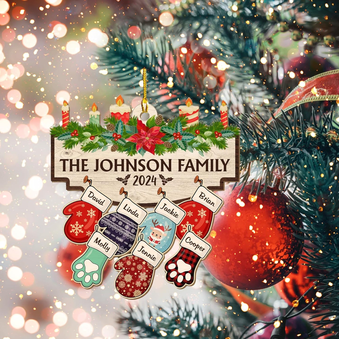 Family with Pet Ver 2 - Personalized Custom Wood Ornament, Family Gloves Christmas Ornament 2024, Xmas Ornament Gifts for Family Tree Decoration (A06, 2 Names)