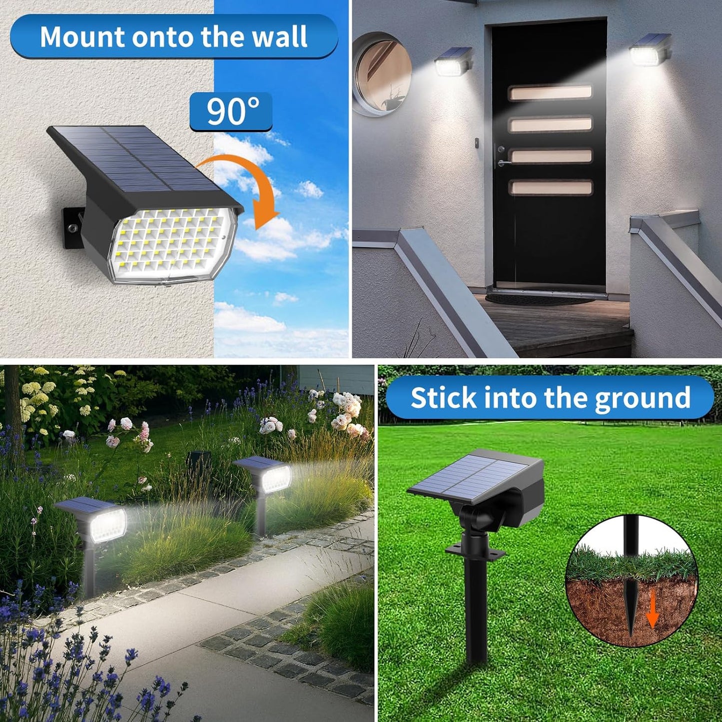 Solar Spot Lights Outdoor 2 Pack, [46 LED/3 Modes] Solar Landscape Spotlights Waterproof, 2-in-1 Auto On/Off Solar Powered Lights for Outside Yard Garden Wall Pathway(Cool White)