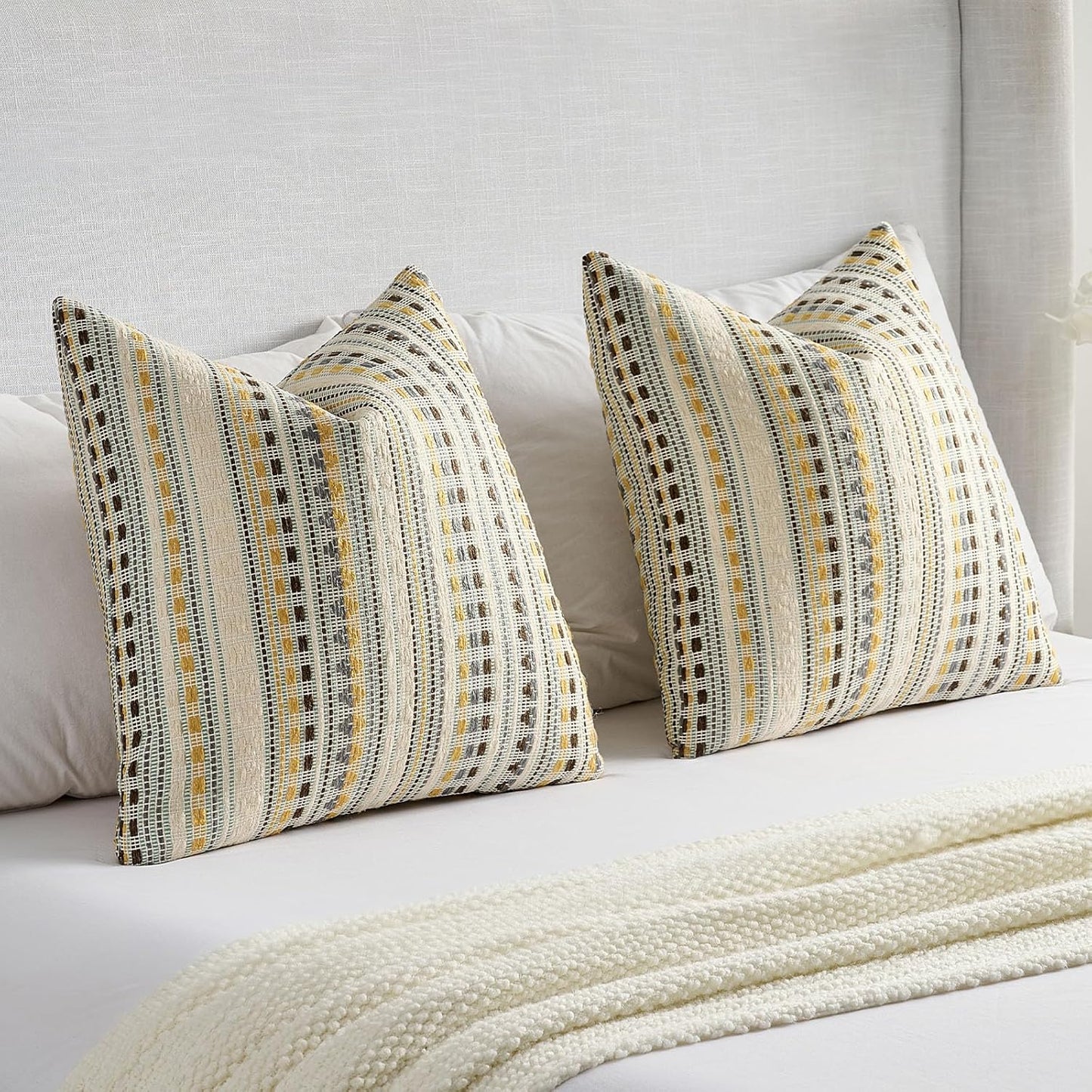 FUTEI Yellow Grey Decorative Throw Pillow Covers 18x18 Inch Set of 2,Soft Cozy Chenille Jacquard Textured Cushion Case,Boho Home Decor for Couch Bed Living Room