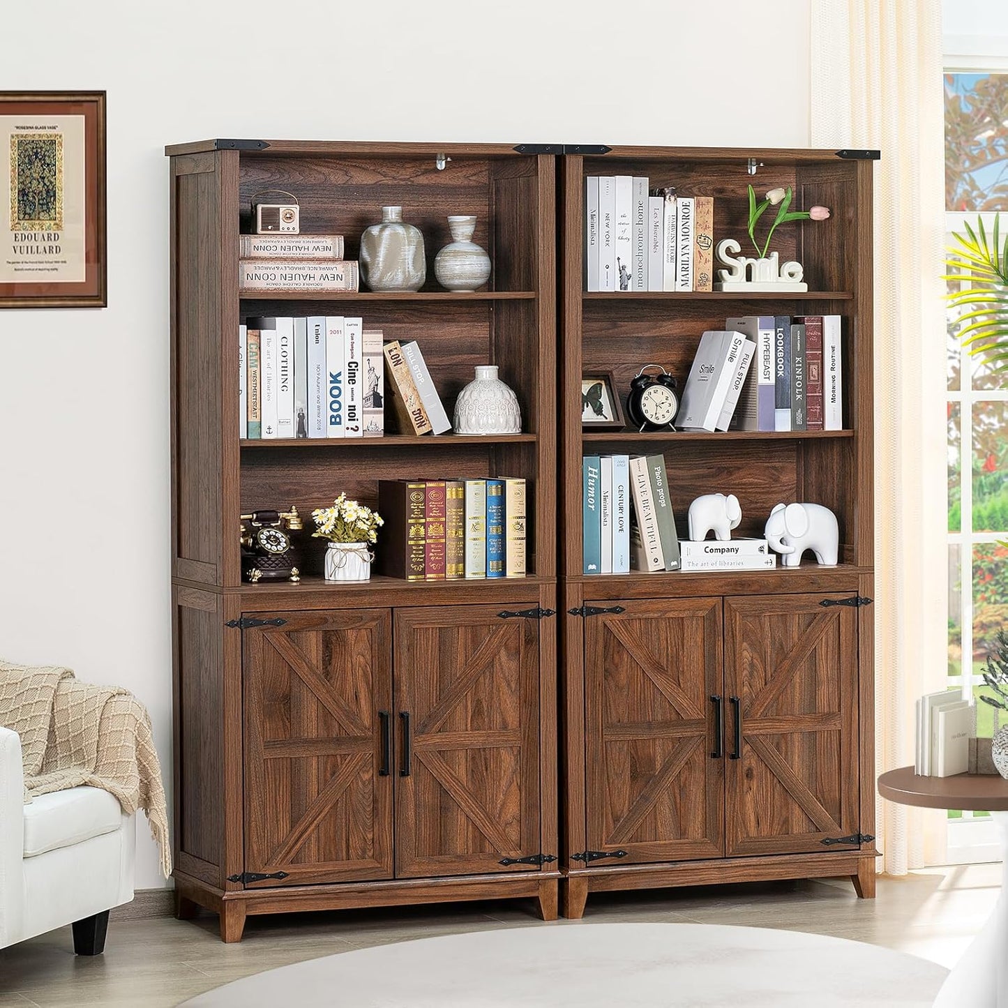 70in Tall Bookshelf 5 Tier Bookcase with Barn Doors and Adjustable Shelves, Brown Farmhouse Book Shelf with Storage Cabinet, Wood Freestanding Display Bookshelves for Bedroom, Kitchen (3PCS)