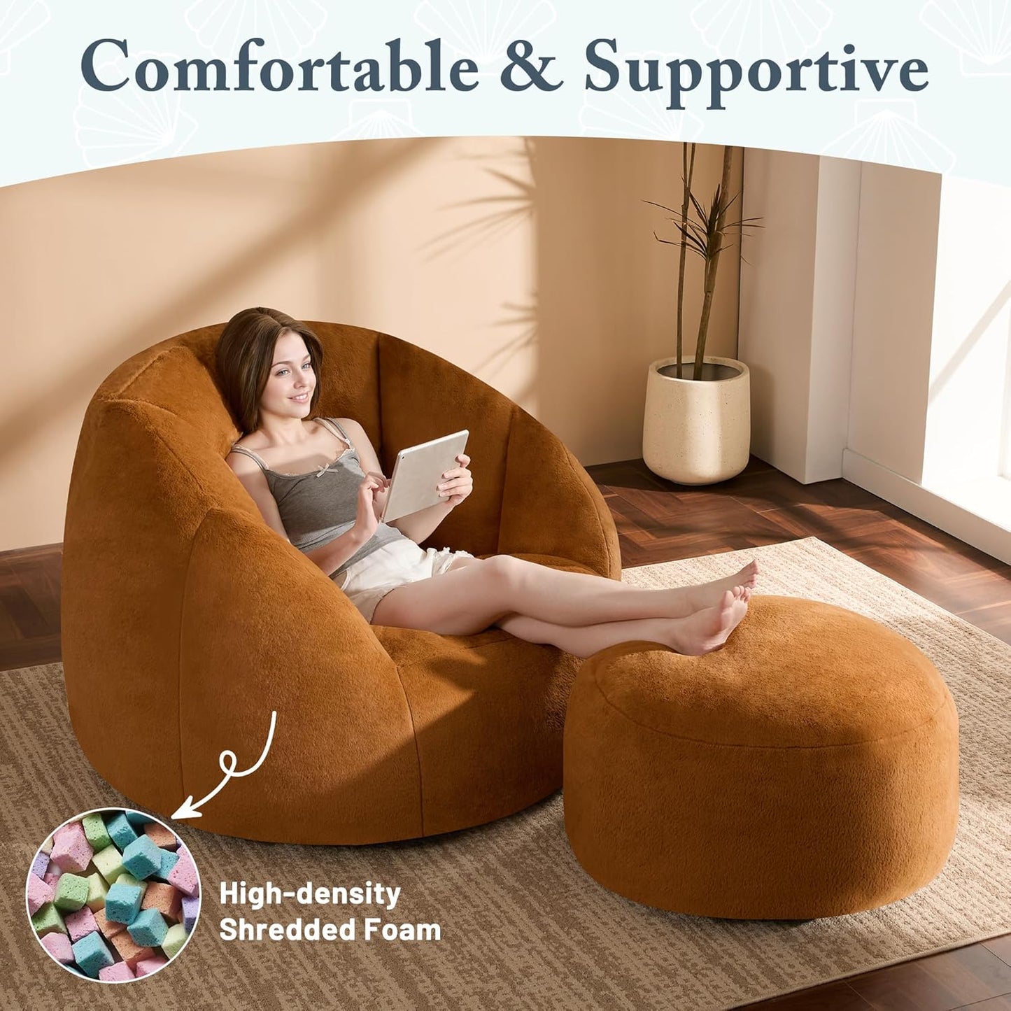 Giant Bean Bag Chaise Lounge Indoor Chair for Adults - Comfy Plush Round Shell Soft Accent Chair, Oversized Cozy Floor Sofa for Living Room, Bedroom & Game Rooms, Orange