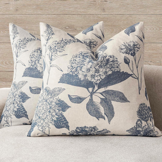 Foindtower Set of 2 Linen Floral Vintage Throw Pillow Covers Neutral Accent Print Decorative Cushion Covers Farmhouse Boho Home Decor for Sofa Chair Couch Bedroom Living Room Outdoor,24×24 Inch,Blue