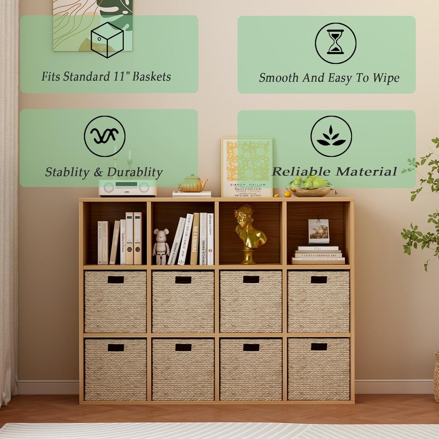 12-Cube Storage Shelf Bookcase - Wooden 3-Tier Floor Standing Open Bookshelf for Home and Office, Display Cabinet, Oak
