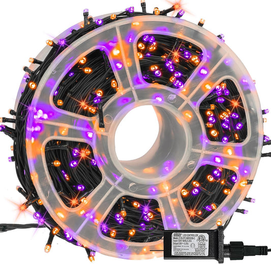 Dazzle Bright 164 FT 500 LED Halloween String Lights, Waterproof Halloween String Lights Black Wire with 8 Modes, Outdoor Halloween Decorations for Indoor Party Yard Wedding Decor, Purple & Orange