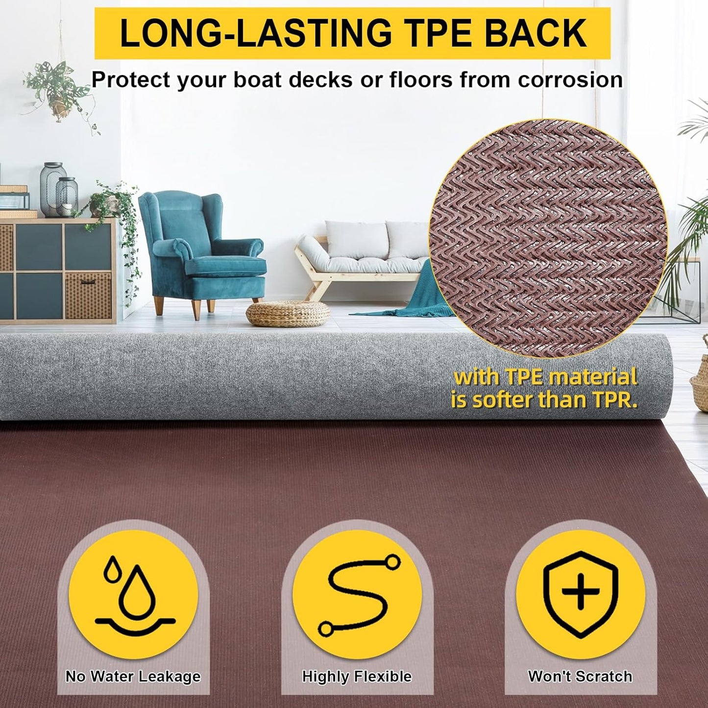 Marine Carpet,6 FT x 23 FT Smoke Gray Indoor Outdoor Carpet 0.2" Thick Boat Carpet with Water-Proof TPE Backing, Non-Slide Outdoor Marine Carpet Roll for Home, Patio, Porch, Deck