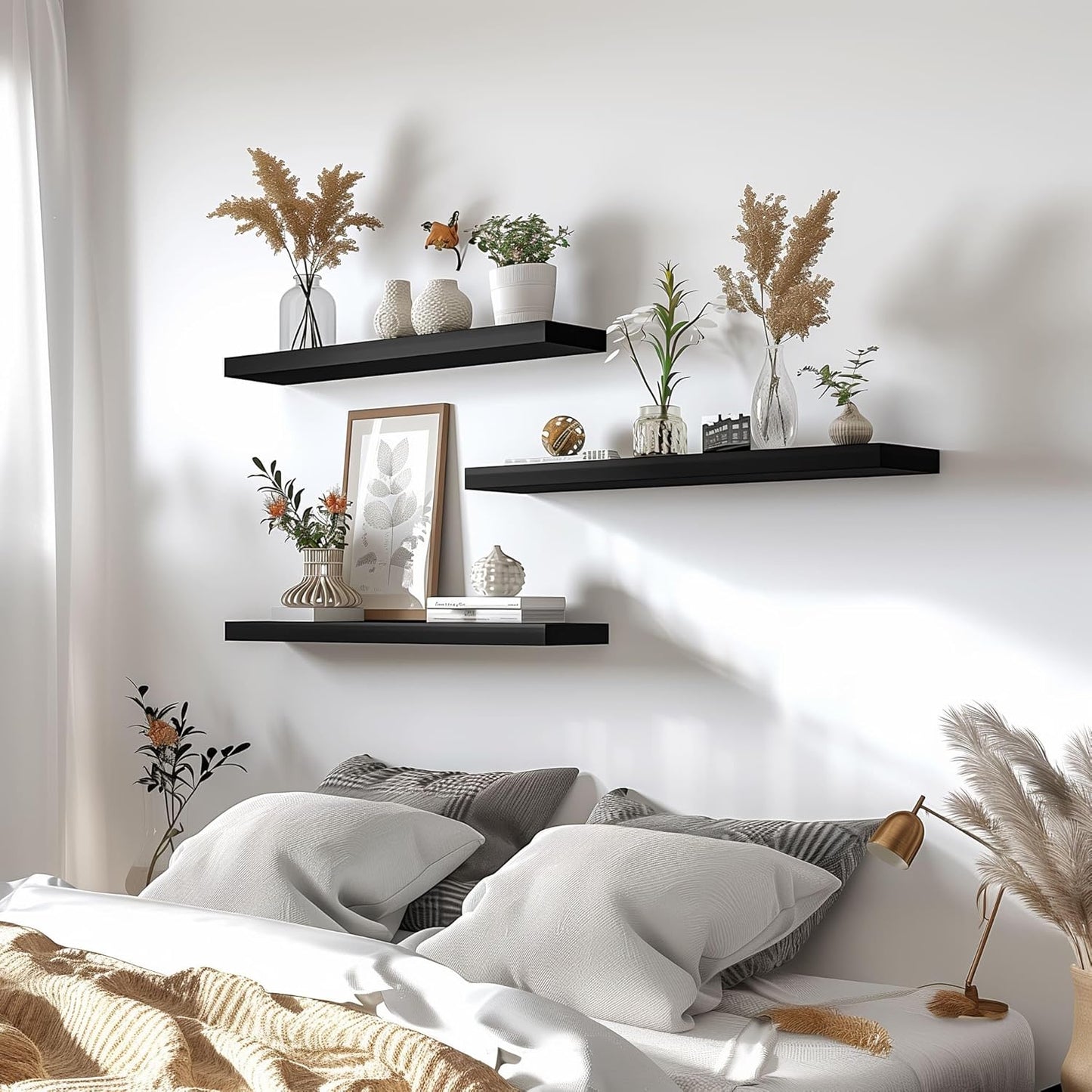 Wood Floating Shelves for Wall Decor, Rustic Wall Shelves for Bedroom Bathroom Kitchen Living Room, Set of 4 Black 24 Inch