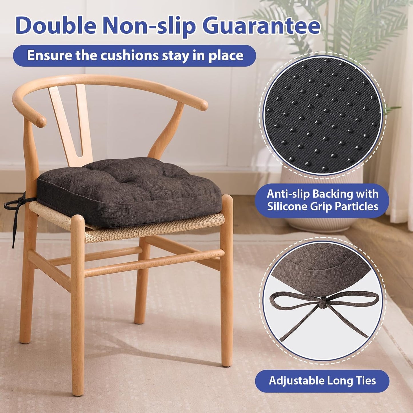 Chair Cushions for Dining Chairs, Dining Chair Cushions, Tufted Indoor Chair Pads with Ties & Non Slip Backing, Seat Cushions for Kitchen Chairs 16.5” x 16.5” x 3.5”, Set of 4, Brown