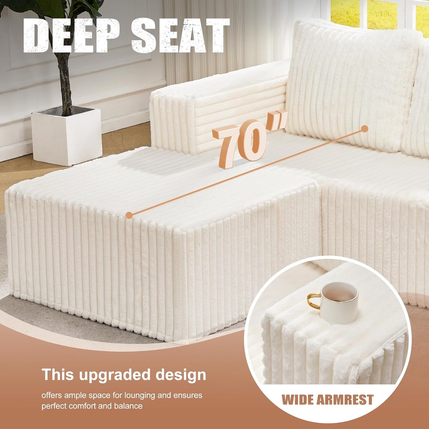 Hobestluk Modular Sectional Sofa Memory Foam Couch L Shape Sofa for Living Room Loveseat with Chaise Lounge Cloud Couch with Removable Cover (Stripe White, Loveseat with Chaise)