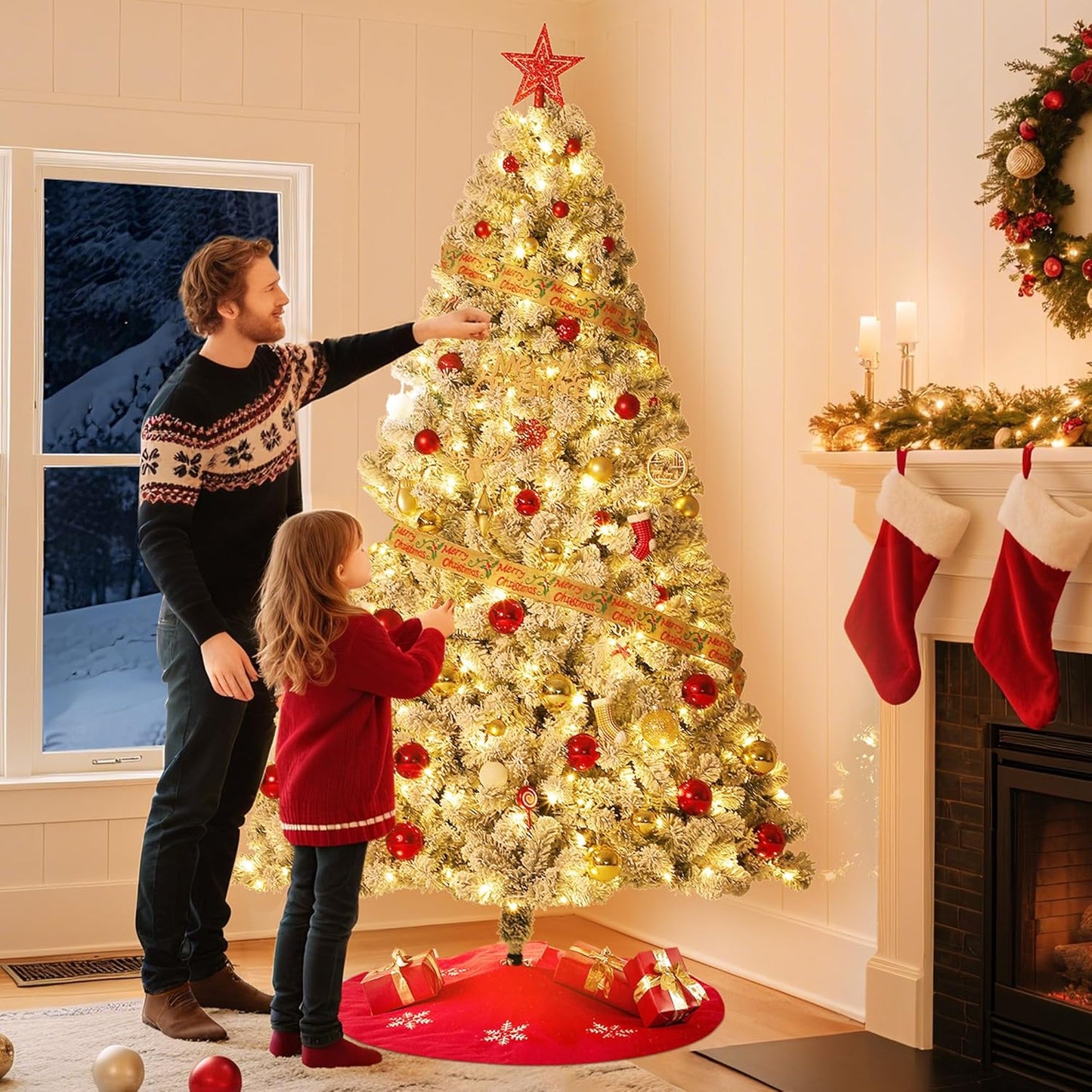 GarveeHome 7.5ft Prelit Artificial Christmas Tree with Warm White Lights, Snow Flocked Full Xmas Tree with 1050 Branch Tips, 450 LED Lights & Foldable Stand, Green & White Christmas Decorations