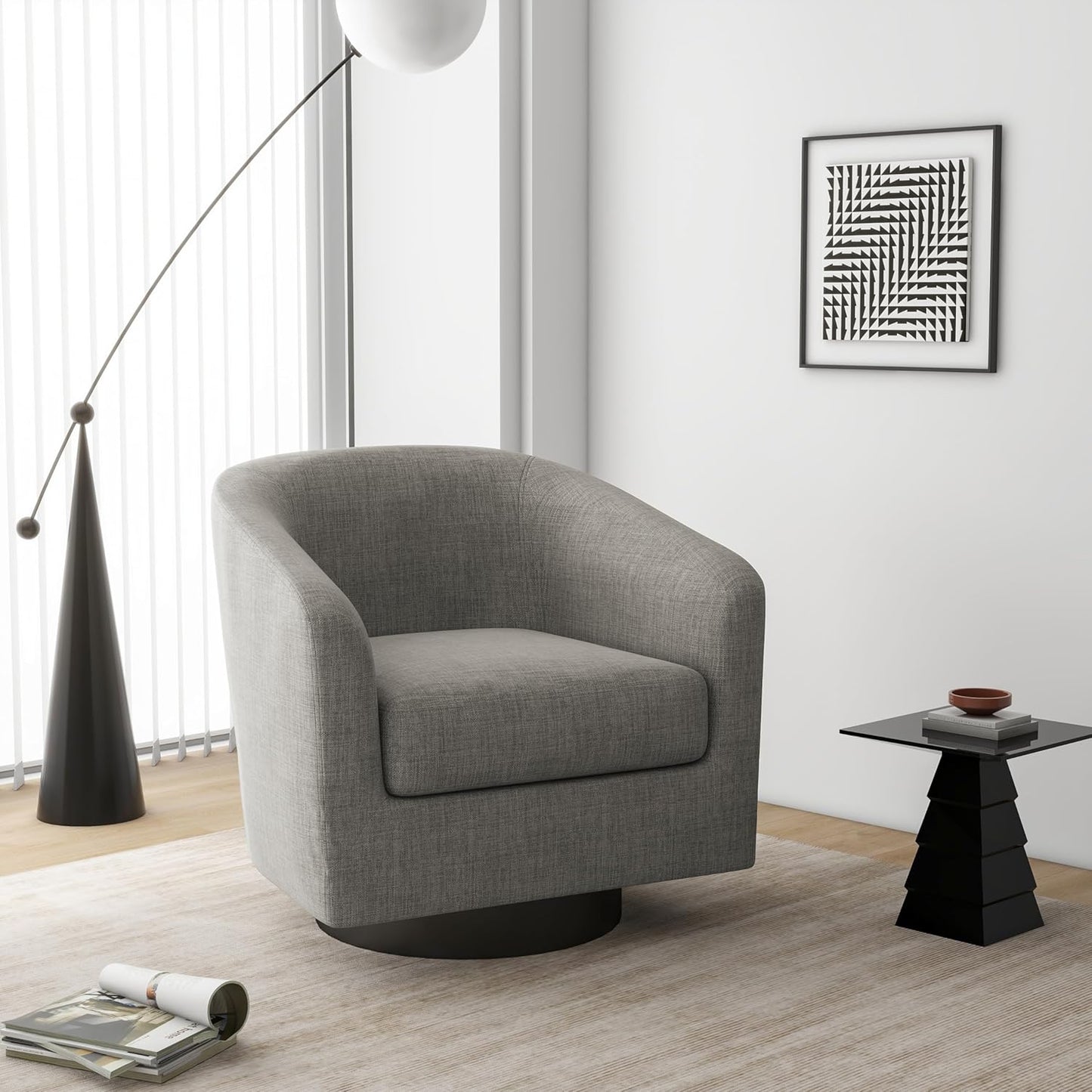 Swivel Barrel Accent Chair, Modern Round Linen Arm Chair for Living Room, Bedroom, Comfy Club Reading Chairs for Adults（Linen Fabric, Khaki, Set of 4