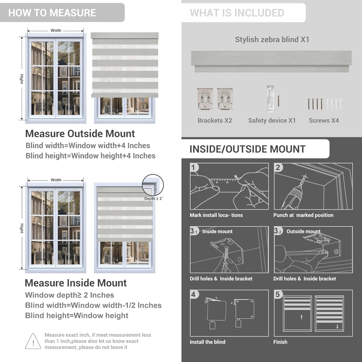 Cordless Zebra Blinds for Windows, Blackout Interior Blinds,Easy to Install,UV Protection,for Offices and Home,Custom Roller Shades, Mousse Light Grey,72" W x 36" H