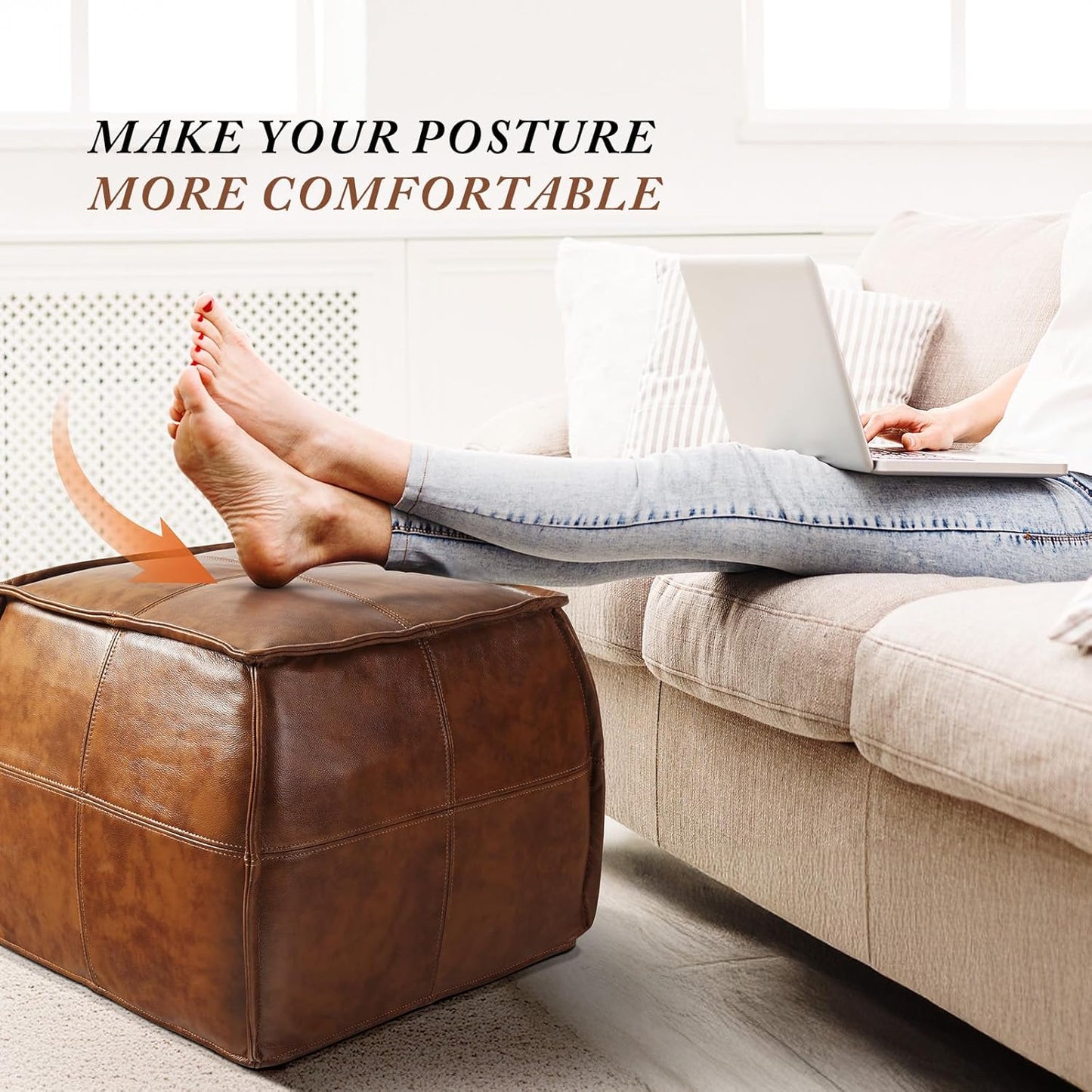 Leather Ottoman,Handmade Stuffed Square Ottoman,Genuine Leather Pouf, Foot Rest Pouf,Comfortable Soft Seating for Living Room & Bedroom (Brown, Square)
