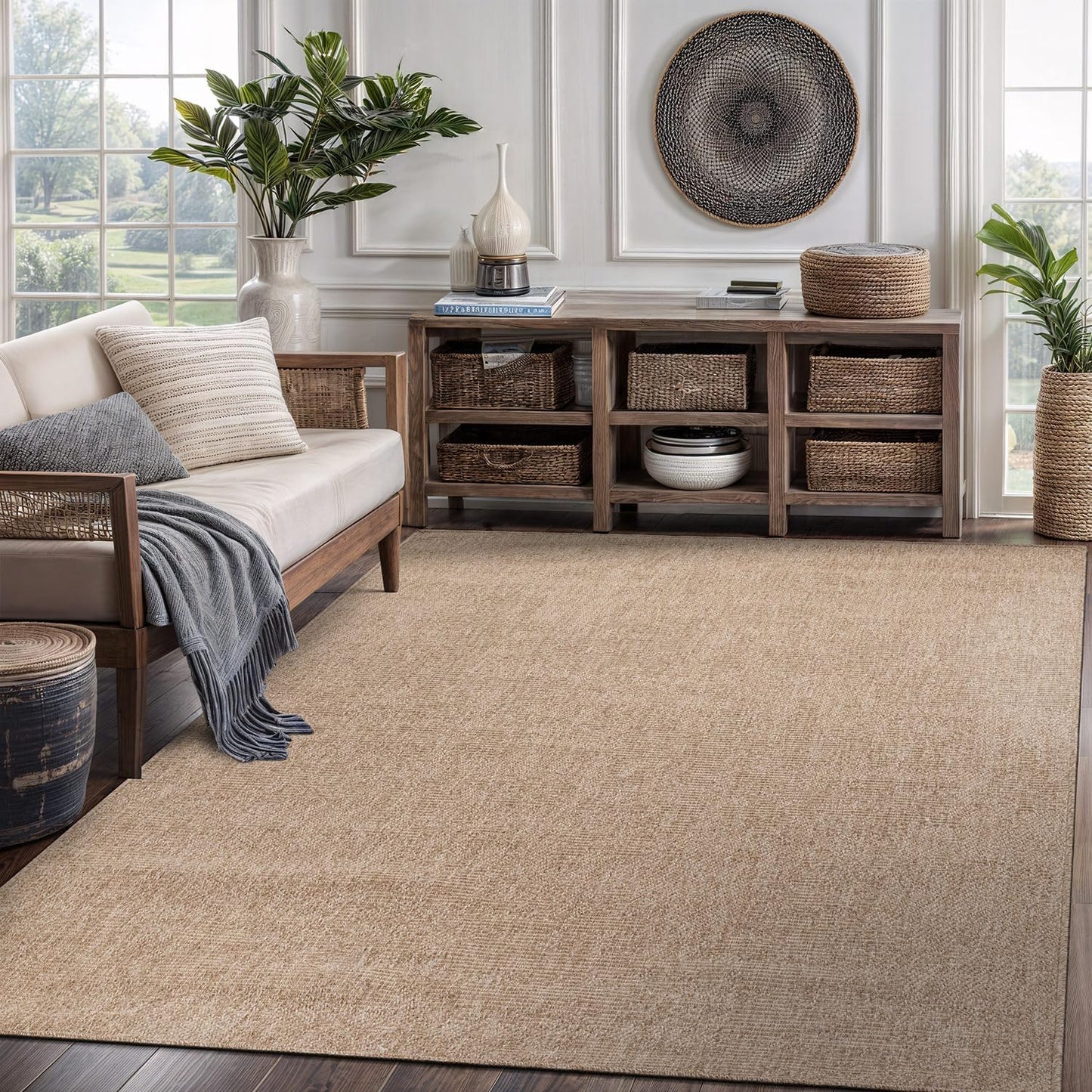CAMILSON Easy Jute Rug 5x7, Indoor Outdoor Natural Color Fiber Area Rugs for Living Room Patio and Kitchen Rug, Solid Boho Woven Design, Easy-Cleaning, Washable Outside Carpet Alfombras (5 x 7)