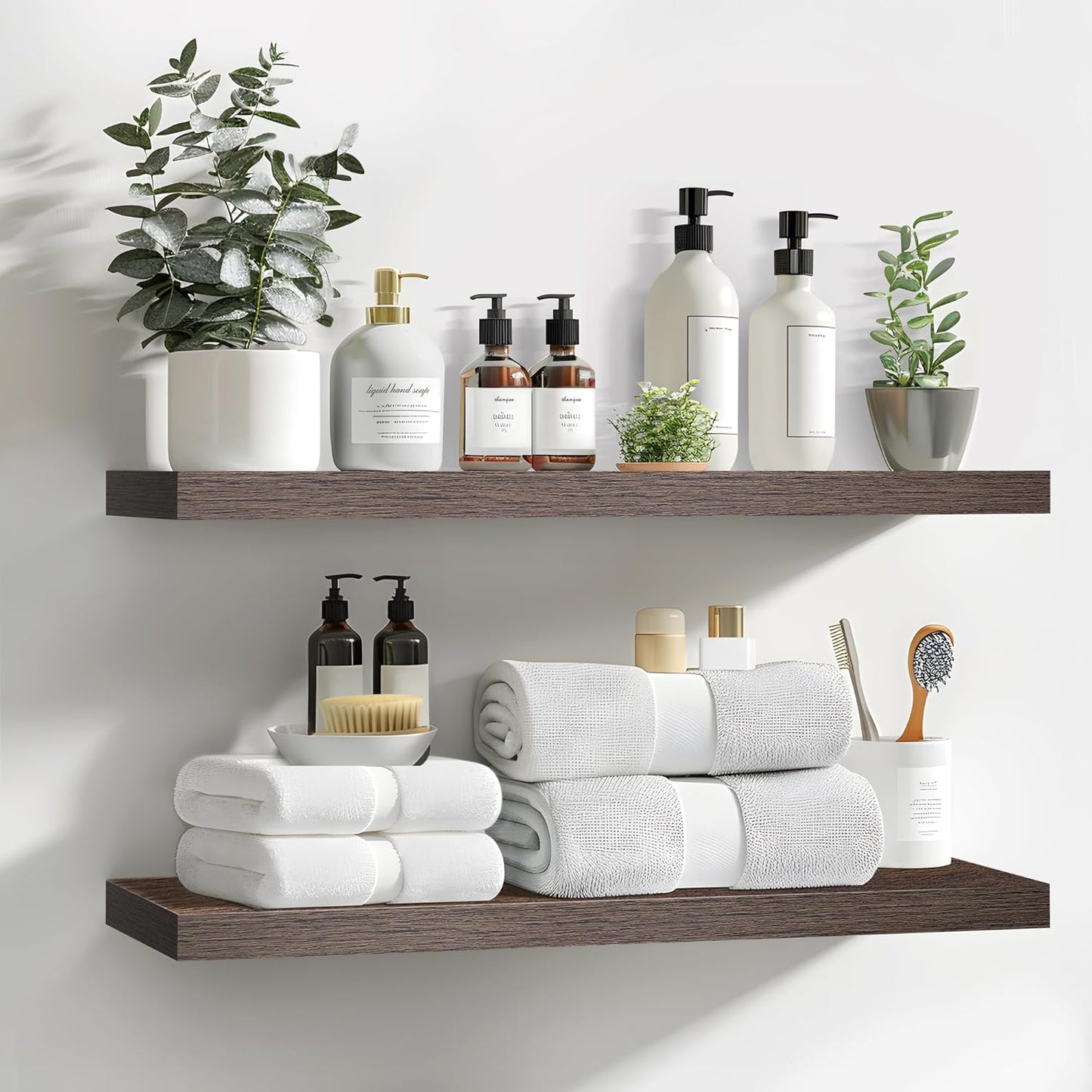 LaVie Home Floating Shelves, 24 Inch Wall Shelf Set of 2, Hanging Shelf with Invisible Brackets, Wall Decor for Bathroom, Bedroom, Living Room, Kitchen Storage, Rustic Brown