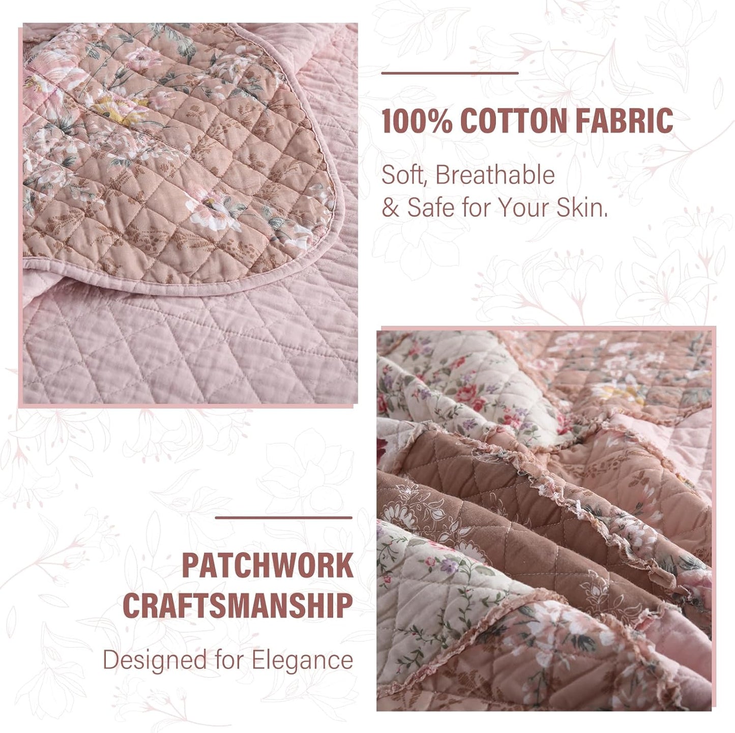 NEWLAKE Quilt Set King Size, Cotton Patchwork Pink Floral Quilt Sets, Real Stitched Embroidery Bedspread Lightweight and Breathable for All Seasons, Soft Quilted with 2 Pillow Shams