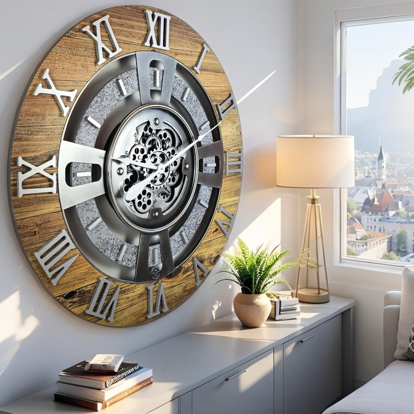 The Gears Clock Real Moving Gear Wall Clock England Line (Wood & Stone, 36 inches (90 cm))