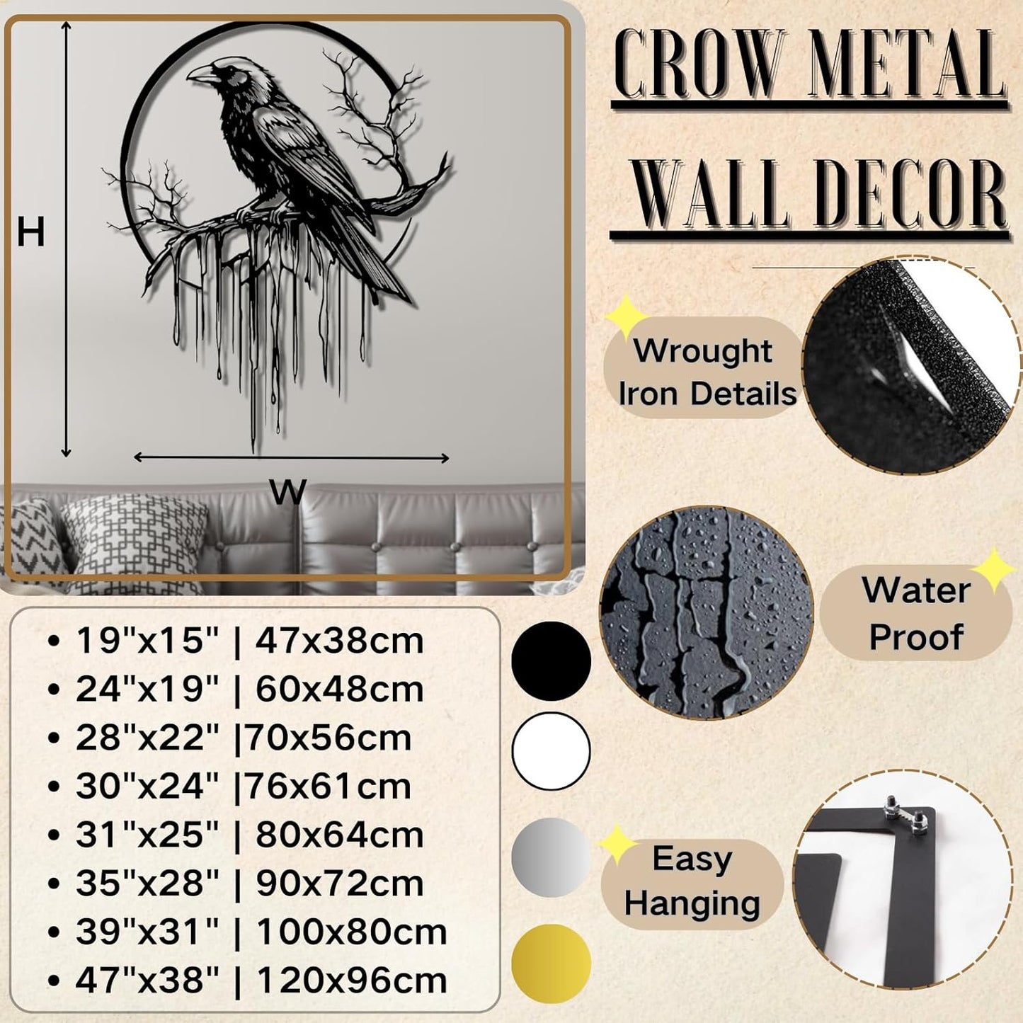 Crow Metal Wall Decor, Raven Wall Art, Large Gothic Raven Decor Hangings, Bird Wall Decor, Metal Tree Branch Decor, Ravens Sign, Raven Art for Living Room (Gold, 28"x22" |70x56cm, metal wall art)