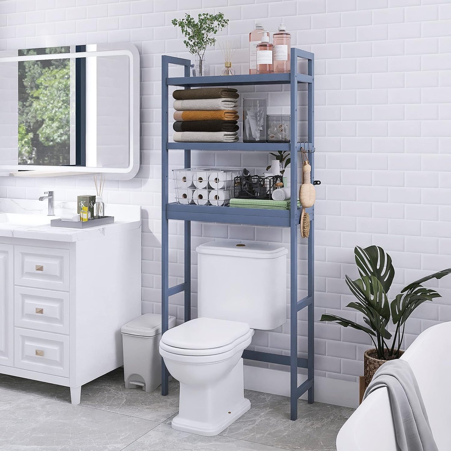 SMIBUY Bathroom Storage Shelf, Bamboo Over-The-Toilet Organizer Rack, Freestanding Toilet Space Saver with 3-Tier Adjustable Shelves (Grey)