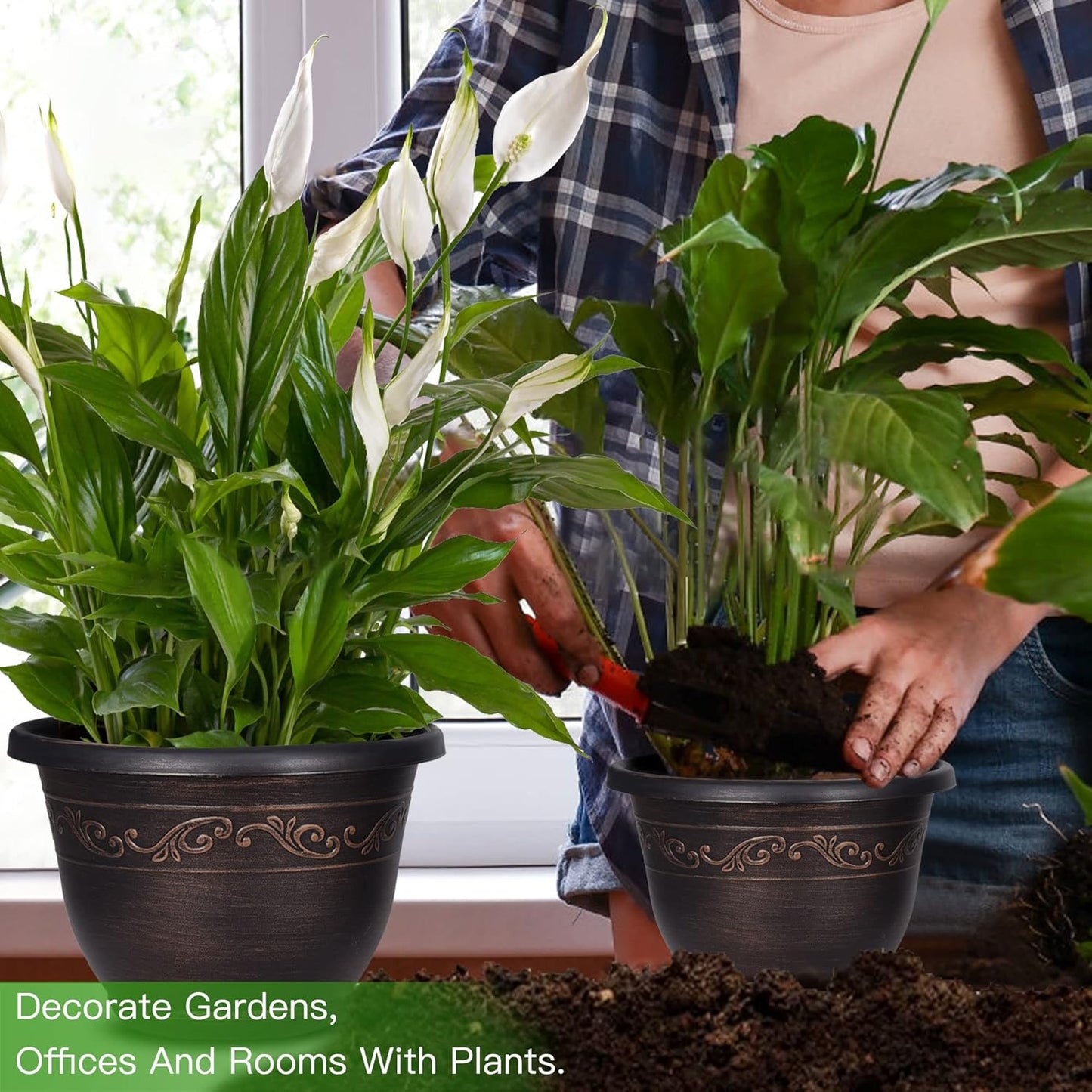 Plastic-Plant-Flower-Planters-10 Inch with Drainage Hole & Saucer, 3 Packs Lightweight Small Resin Flower Pot Indoor Outdoor, Retro Antique Imitation Decorative Garden Containers Sets for Houseplants