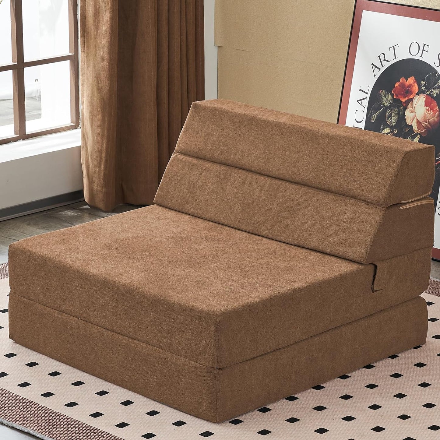 jela Foldable Sofa Bed Large Soft Foam Convertible Sleeper Chair Luxury Miss Fabric Fold Out Chair Bed Floor Couch with Back Support Floor Sofa for Living Room Bedroom (83"x33",Coffee Brown)