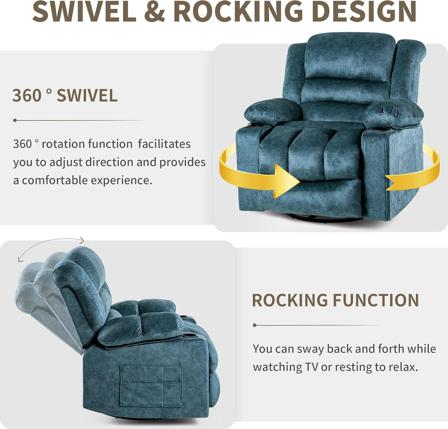 Recliner Chair Rocker Modern Ergonomic Lounge 360 Degree Swivel Single Sofa Seat Living Room Lounge Recliners on Clearance Foam Filling