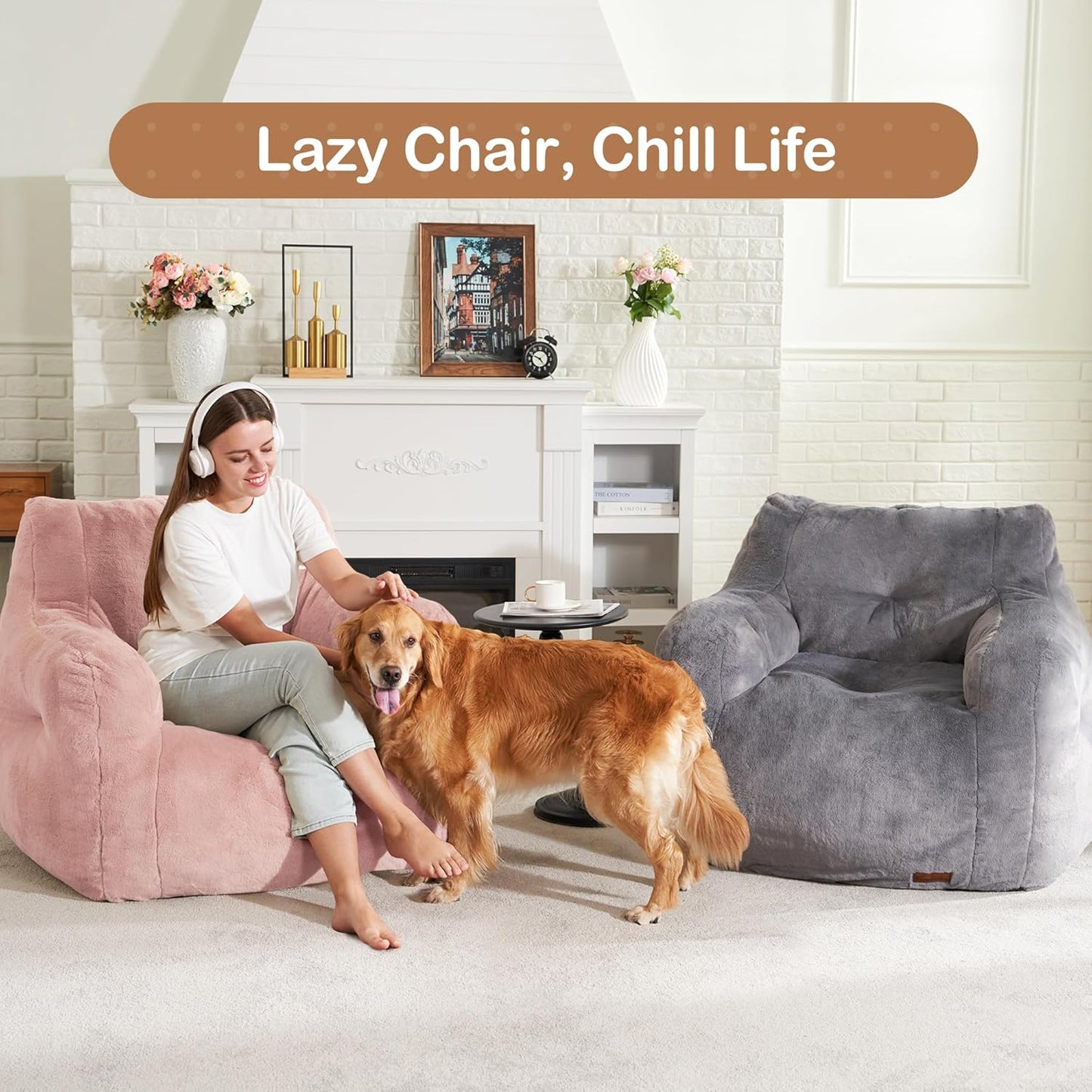 Hobestluk Bean Bag Chair for Adult Small Bean Bag Chairs with Arms Furry Beanbag Chair with Foam Filler Stuffed Bean Bag Sofa for Reading in Bedroom Living Room and Dorms(Pink)