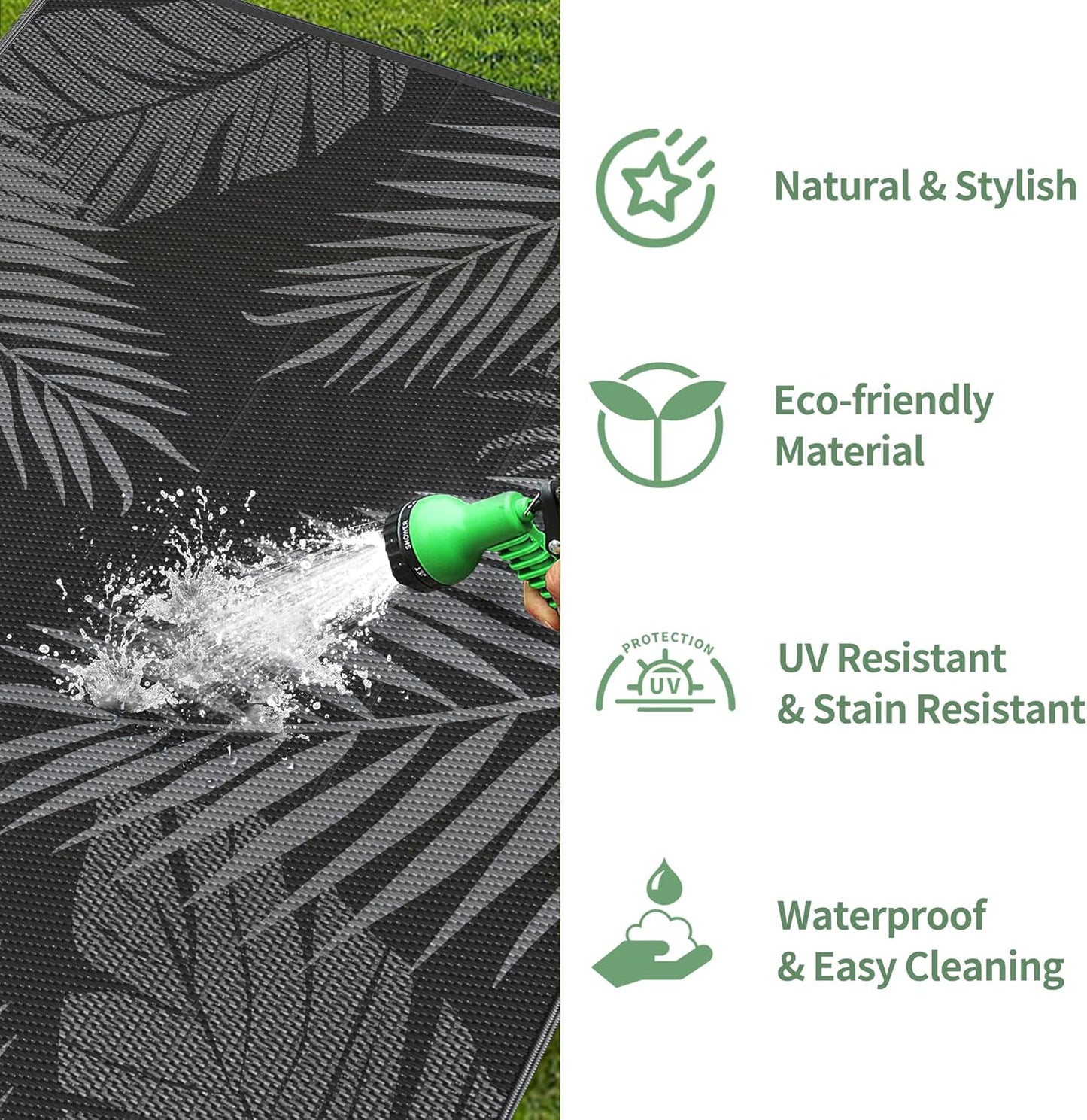 GENIMO Outdoor Rug 9' x 12' Waterproof for Patios Clearance, Reversible Outdoor Plastic Straw Camping Rug Carpet, Large Area Rugs Mats for RV, Camper, Deck, Balcony, Porch, Beach, Picnic, Black&Grey