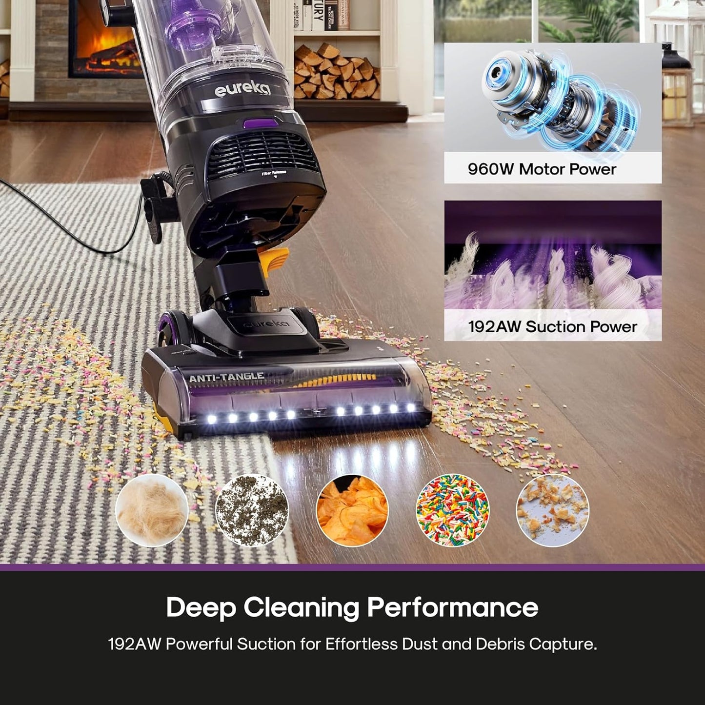 Eureka FlexReach Powerful Upright Vacuum Cleaner for Carpet and Hard Floor, Lift-Away Vacuum with Large Dust Cup, Anti-Tangle, NEU651PL, Purple