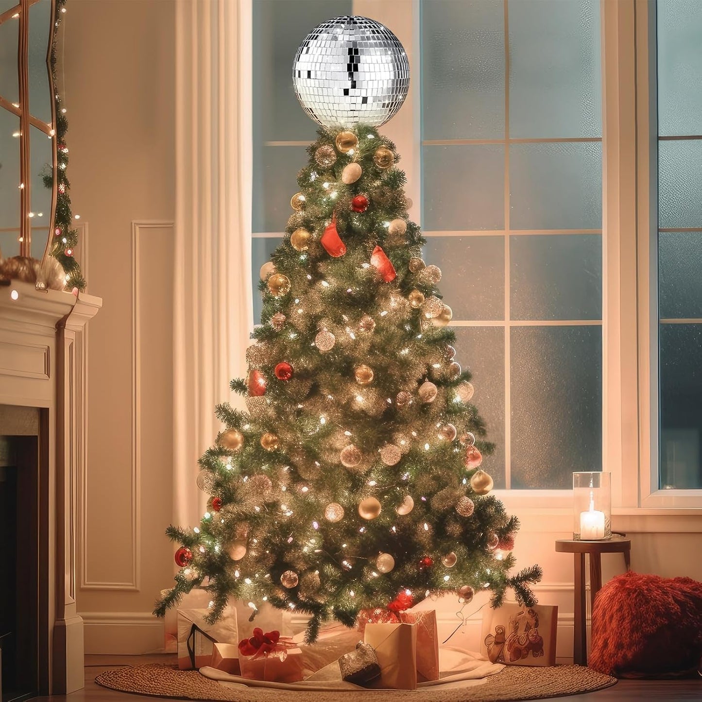 Retisee 8'' Disco Ball Christmas Tree Topper Disco Mirror Ball Xmas Tree Topper 3D Hollow Silver Decor Ornament for 70s Holiday Wedding Birthday Party Decorations