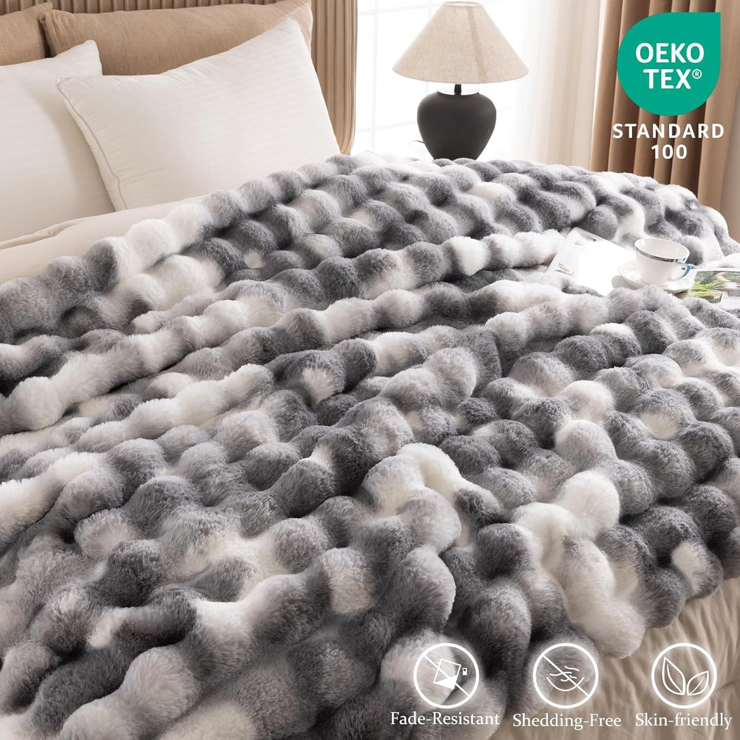 Cozy Faux Fur Throw Blanket for Bed-Warm Fuzzy Throw Blanket, Soft Plush Thick Bubble Blankets for Bedroom and Living Room, Furry Luxury Blanket, 90 x 108,Tie-Dye Grey