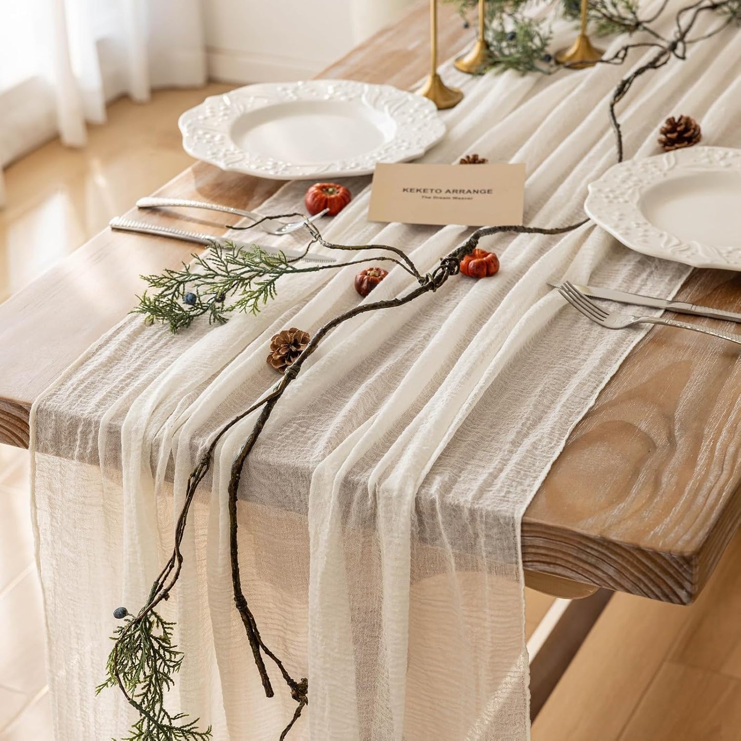 3pcs Ivory Gauze Rustic Cheesecloth Table Runner 120 Inch 10 FT for Wedding Baby Shower Bridal Shower Birthday Engagement Garden Outdoor Party Long Sheer Boho Decorations