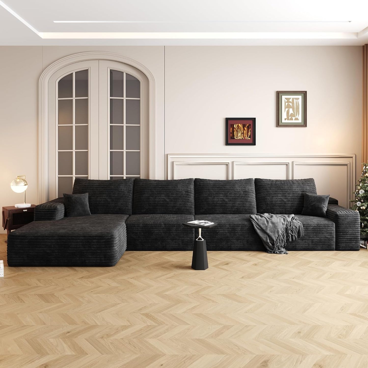 136" Sectional Couches for Living Room Modern Modular Sofa with L-Shape Couchs Upholstered Boneless Couch Deep Seat Sectional Couch with Chaise (Black, Left Facing Chaise+3Seaters)