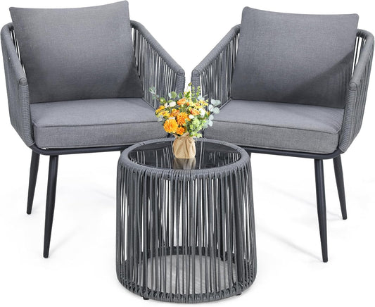 Kromax 3 Pieces Patio Rattan Bistro Conversation Set, Outdoor All-Weather Wicker Furniture Chairs and Side Table Set Ideal for Balcony, Porch and Backyard, Grey