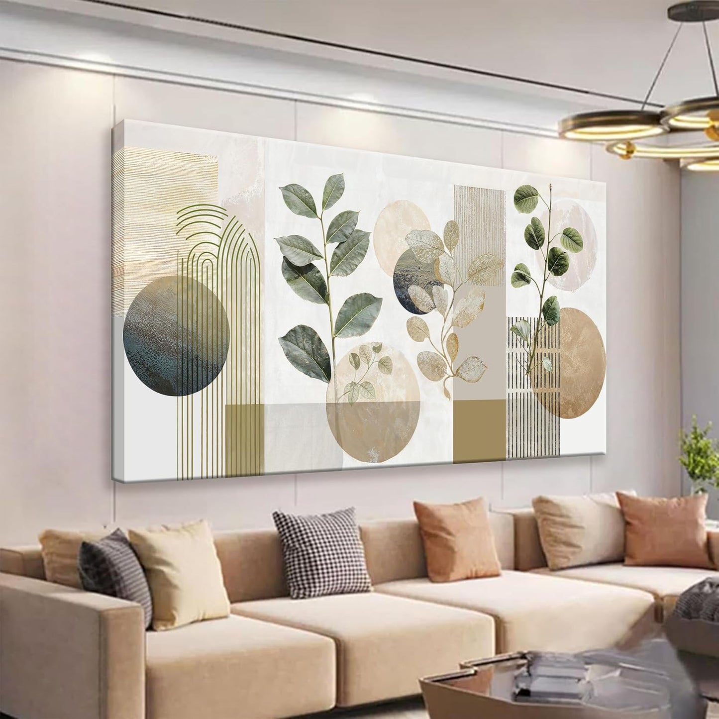 TAIJXAGSG Green Boho Wall Art Minimalist Canvas Wall Art Decor Geometric Line Leaf Beige Green Wall Art Canvas Artwork Print Paintings Abstract Art Botanical Boho Room Office Home Wall Decor 20"X 40"