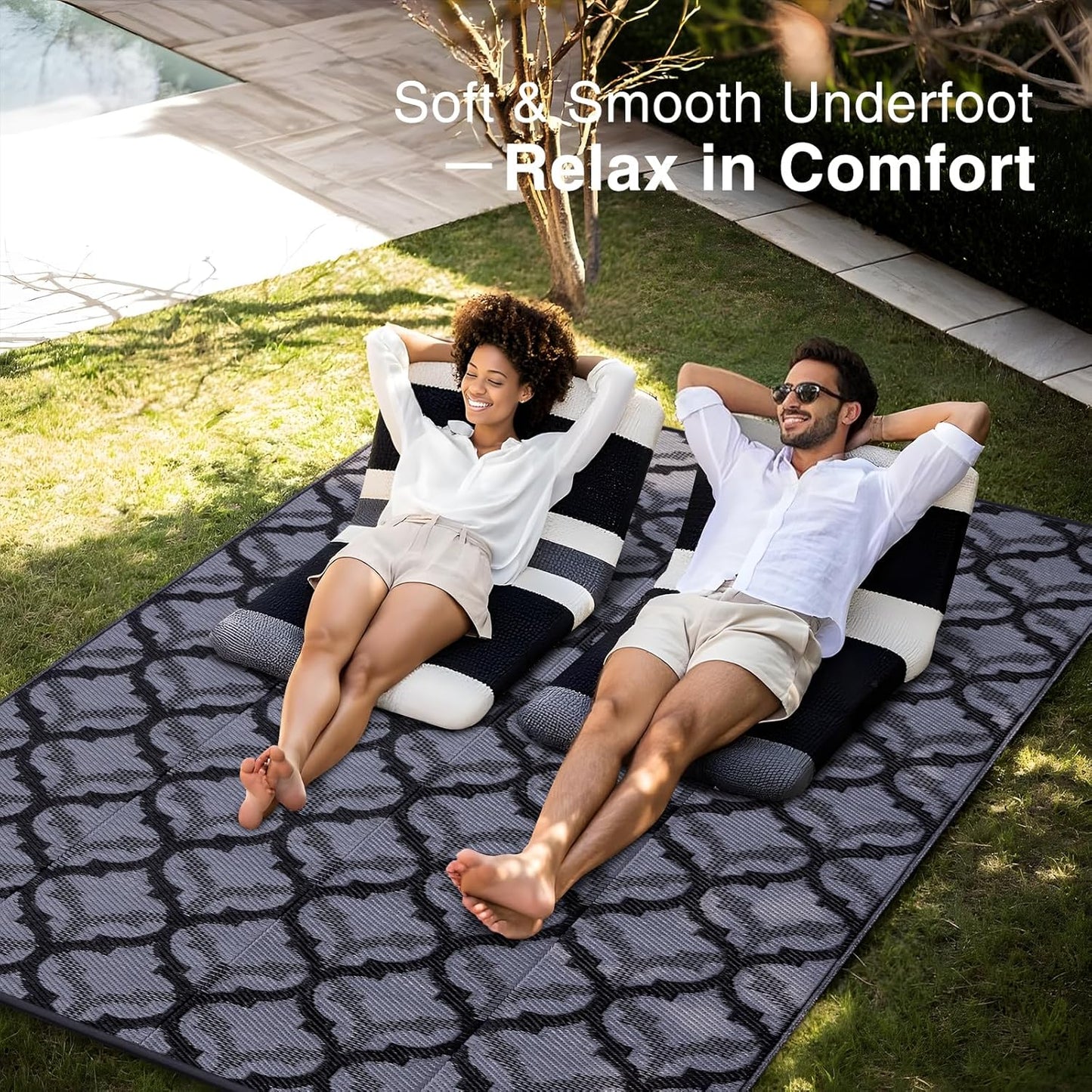 OLANLY Reversible Outdoor Rug 8x10 ft Clearance, Waterproof Outdoor Plastic Straw Rug with Interlacing Pattern, RV Mat for Patio, Camping, Balcony, Deck, Backyard, Black & Grey