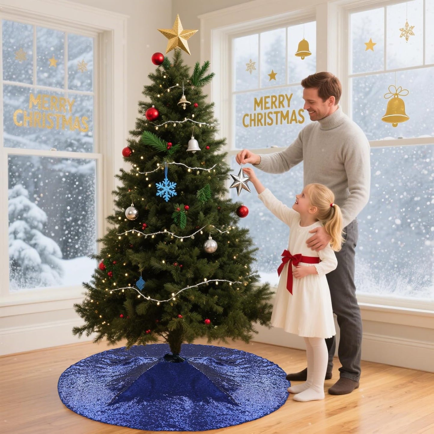 Eternal Beauty Christmas Tree Skirt, 24 Inch Navy Blue Sequin Tree Skirt Small Xmas Tree Skirt for Christmas Tree Decorations