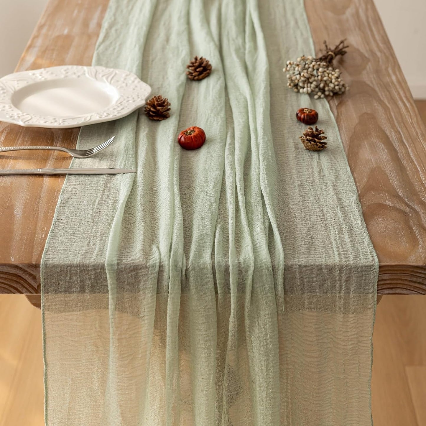 Keketo Sage Green Table Runner Cheesecloth 120 Inch 10 FT Rustic Boho Cheese Cloth Table Runner for Wedding Baby Shower Bridal Shower Sheer Gauze Centerpiece Home Decorations