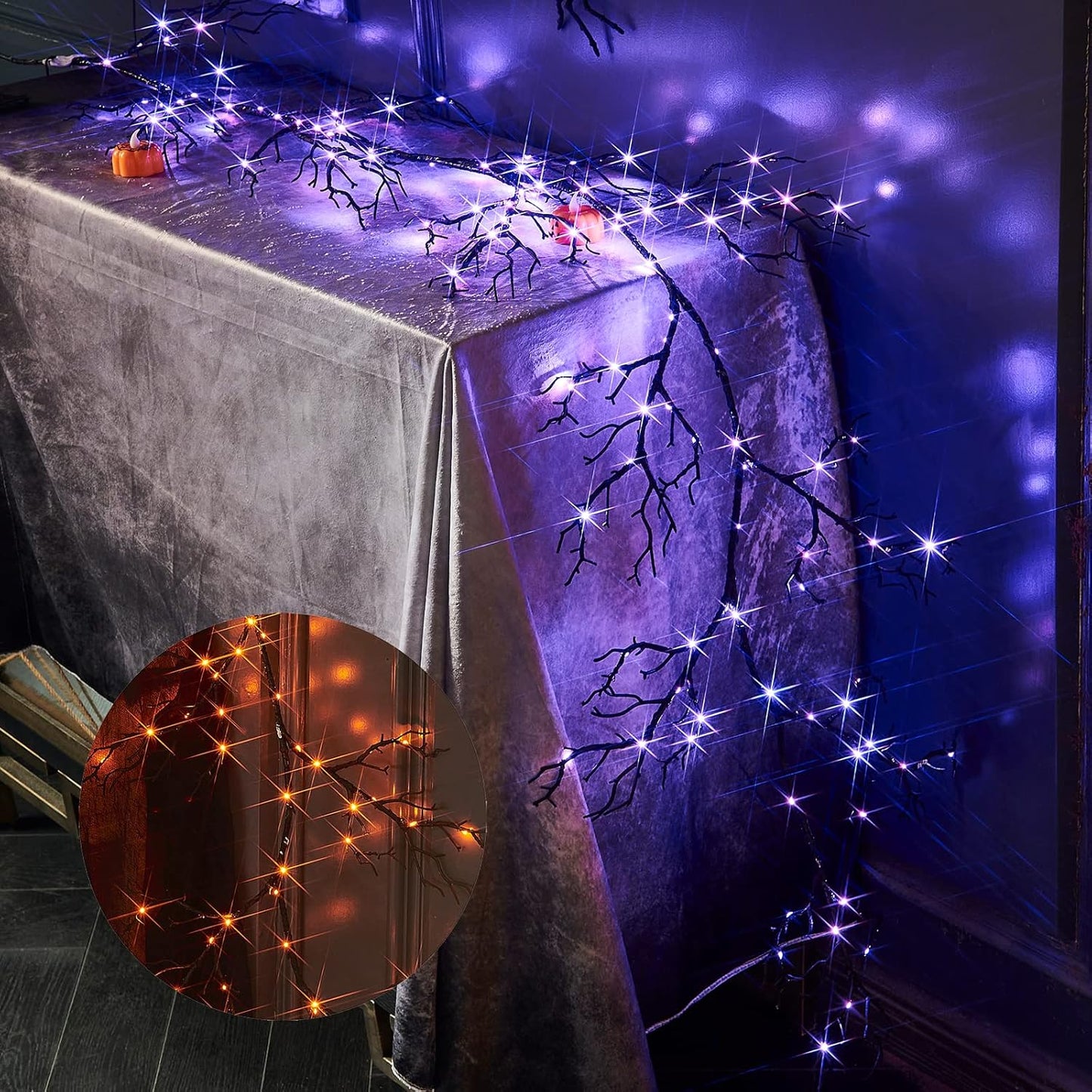 Birchlitland Halloween Lighted Garland 6FT 120L Orange and Purple Bi-Color LED Lights 8 Functions, Black Glittered Garland Lights Battery Operated for Indoor and Outdoor Halloween Party Decoration