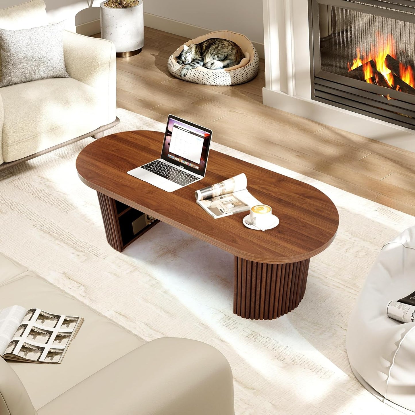 Oval Fluted Coffee Table, 47" Farmhouse Wood Coffee Table Mid Century Modern Center Table Boho Living Room Tables for Living Room Office,Walnut