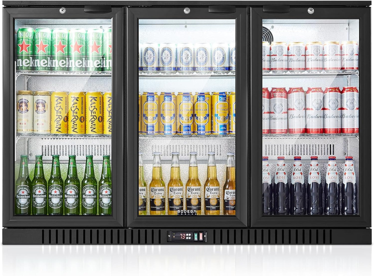 BODEGACOOLER Back Bar Cooler With 3 Glass Doors,11.4 Cu.Ft Commercial Back Bar Fridge with LED Lighting,Counter Height Bar Outdoor Beverage Cooler for Beer,Soda Drinks,Wine