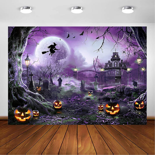 Avezano Halloween Photography Backdrop Full Moon Scary Night Castle Pumpkins Party Background Spooky Witch Bats Cemetery Child Kids Halloween Party Decorations Photoshoot Backdrops (10x7ft, Purple)